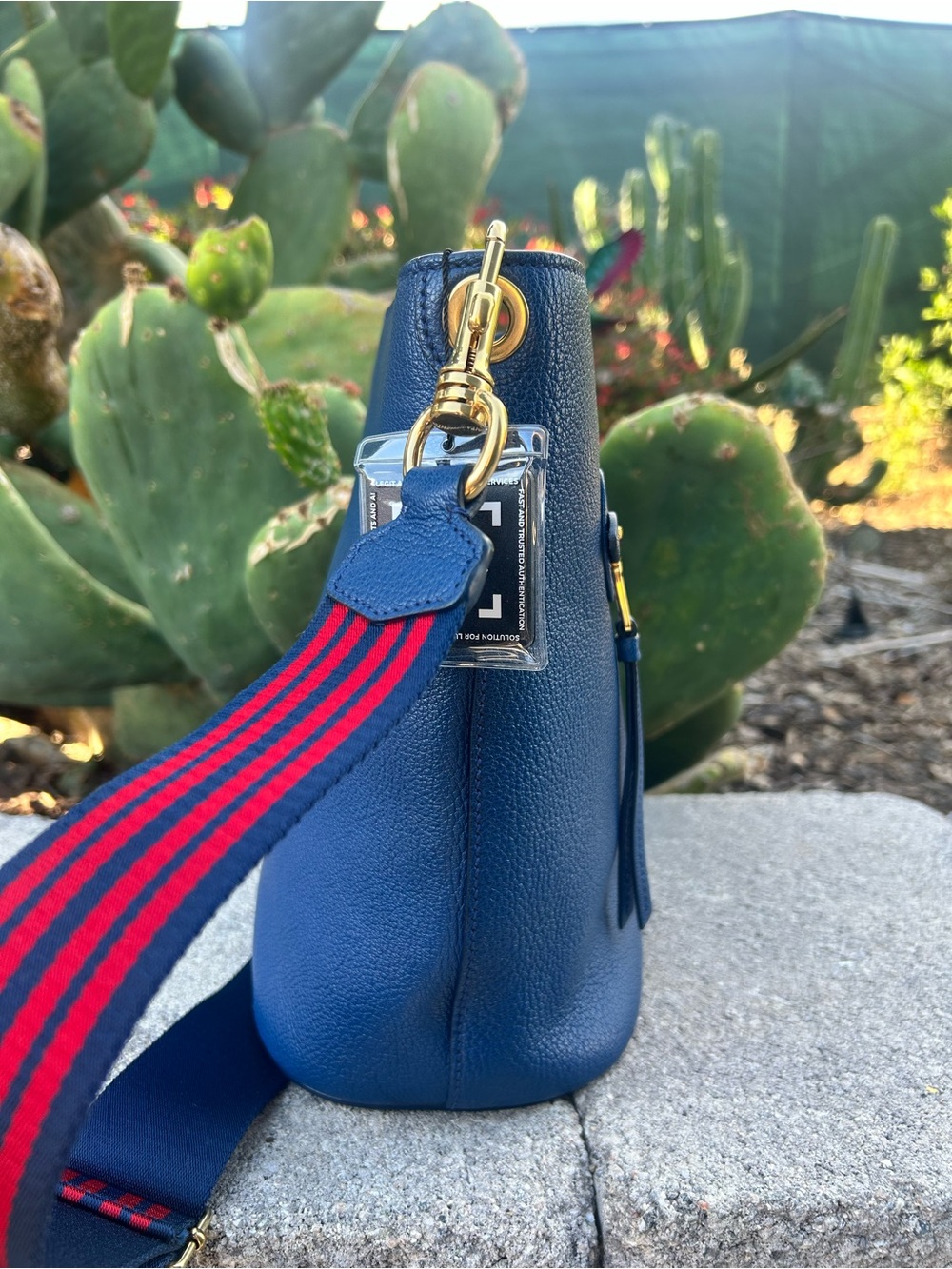 Miu Miu Cobalt Blue Pebbled Leather Crossbody Bucket Bag with Striped Web Strap - Picture 5 of 9